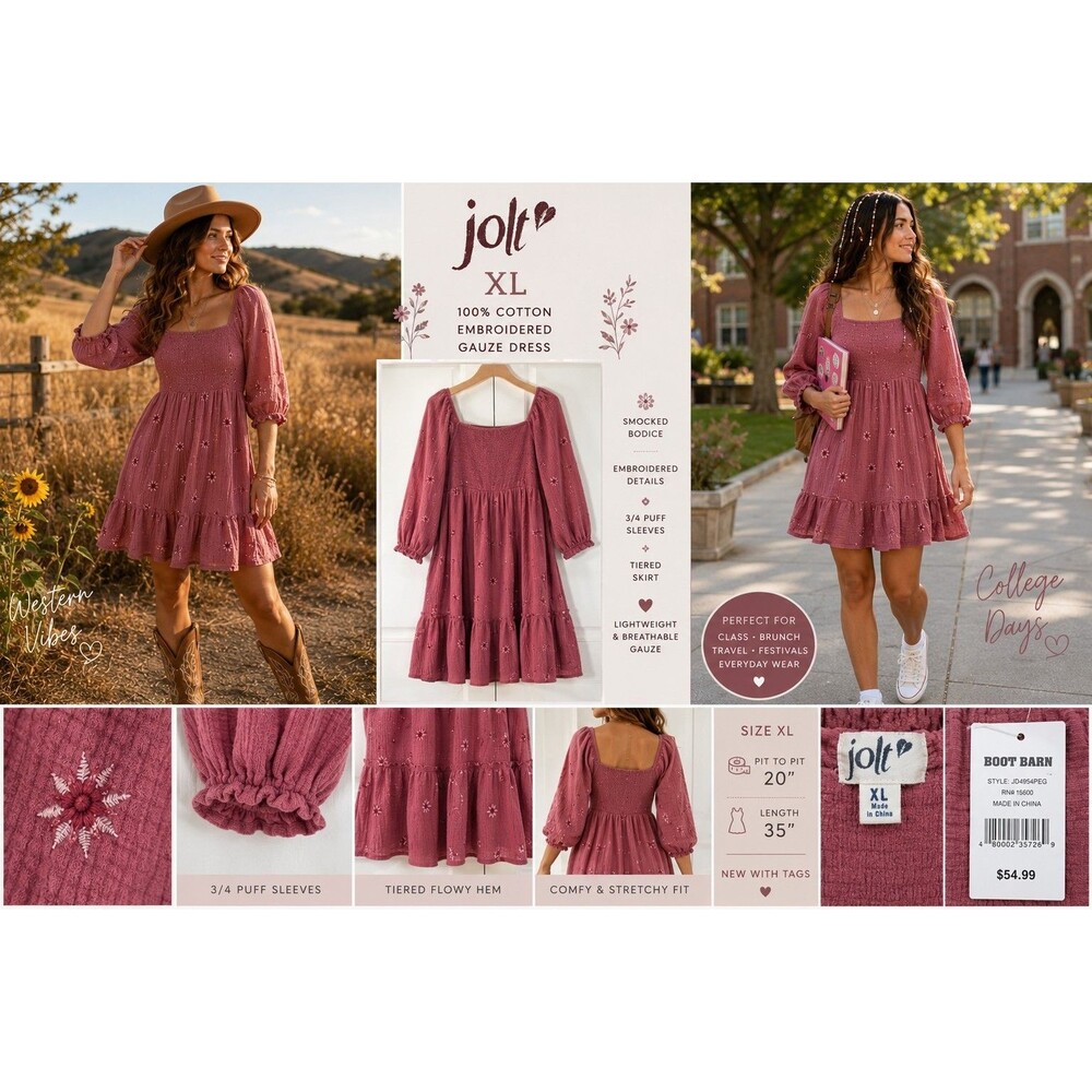 New Jolt Women XL Dusty Rose Cotton Gauze Embroidered Babydoll Mini Dress...